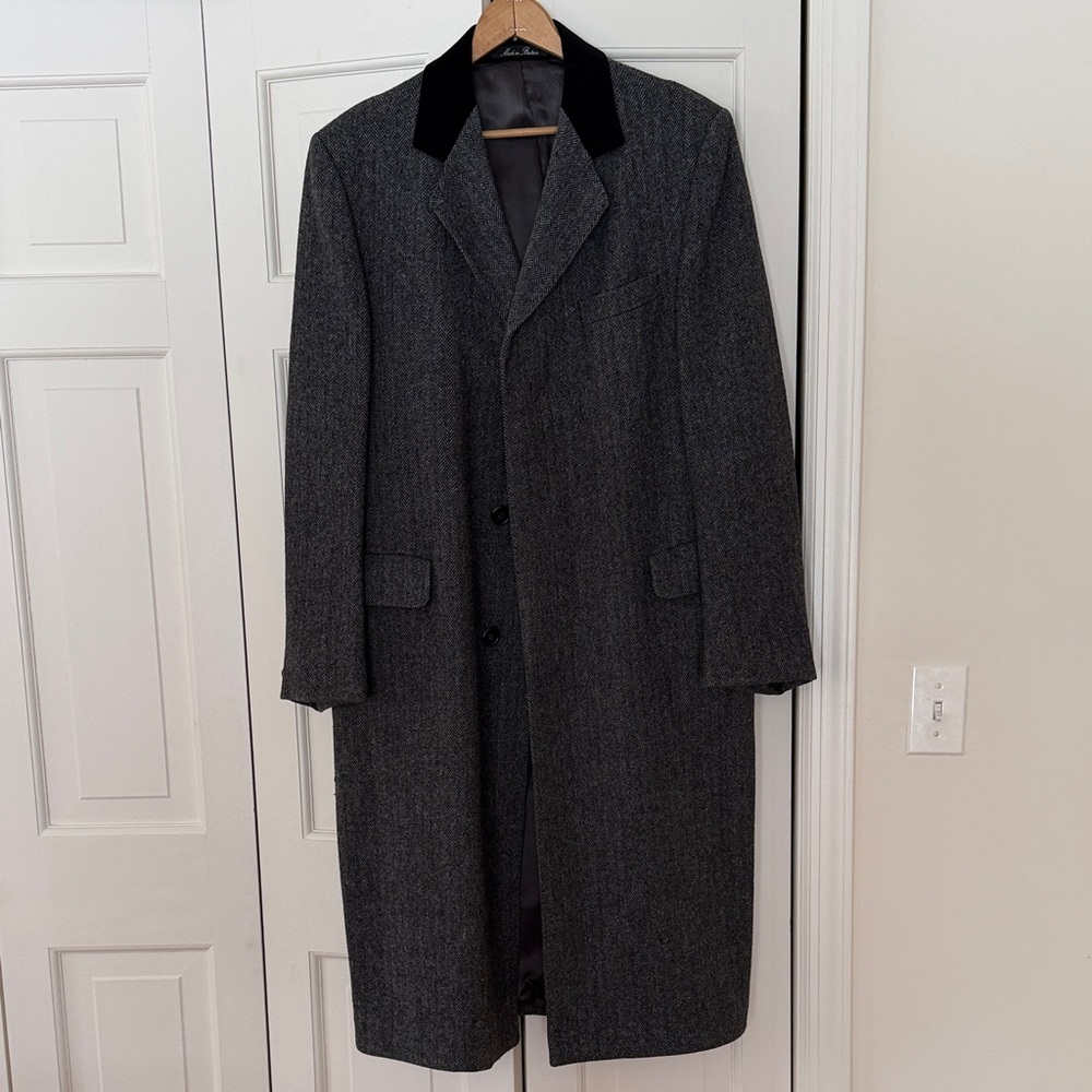 Men's Charcoal Wool Trench Coat with Black Velvet Collar